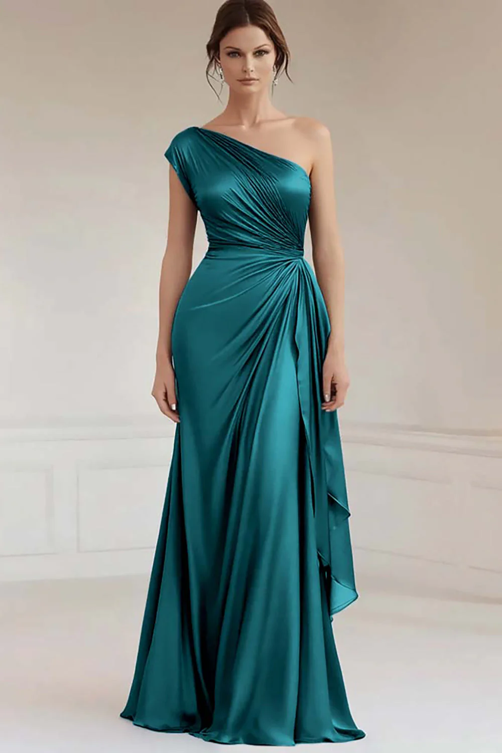 Robe formelle froncée bleue grise à une épaule - Image 2