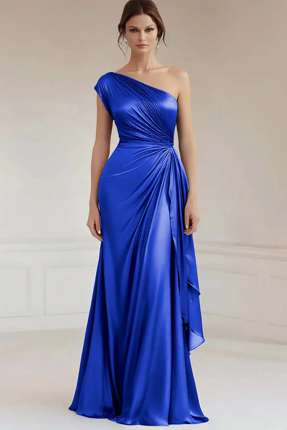 Robe formelle froncée bleue grise à une épaule - Image 9