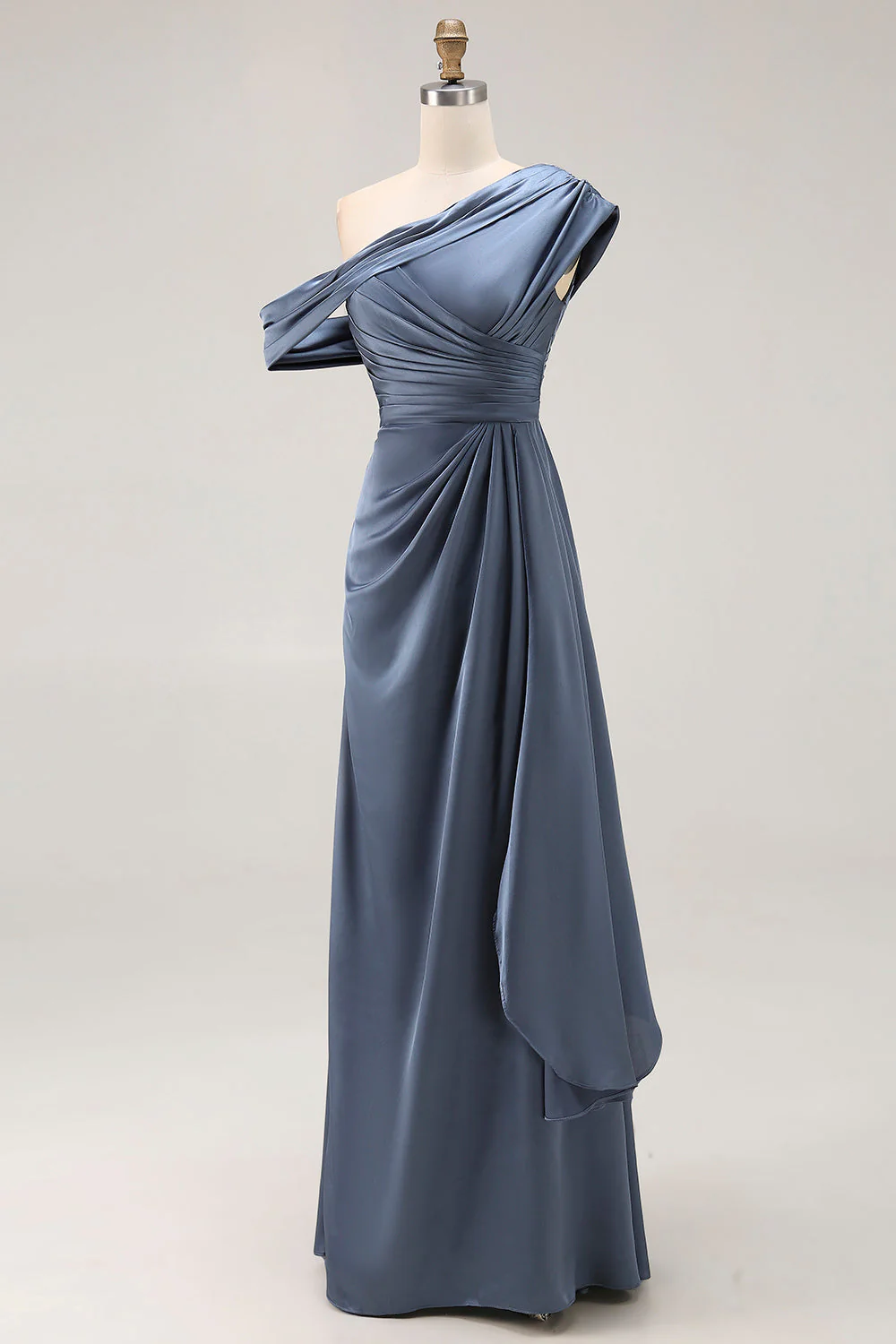 Robe formelle froncée en satin gris bleu sirène à une épaule avec volants - Image 3