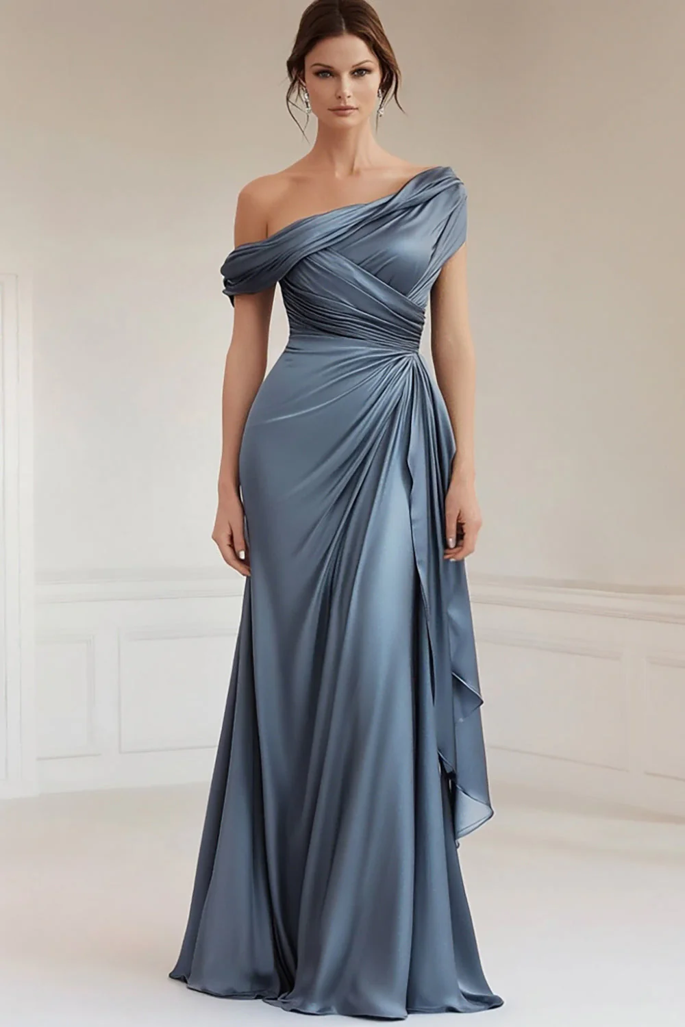 Robe formelle froncée en satin gris bleu sirène à une épaule avec volants - Image 7
