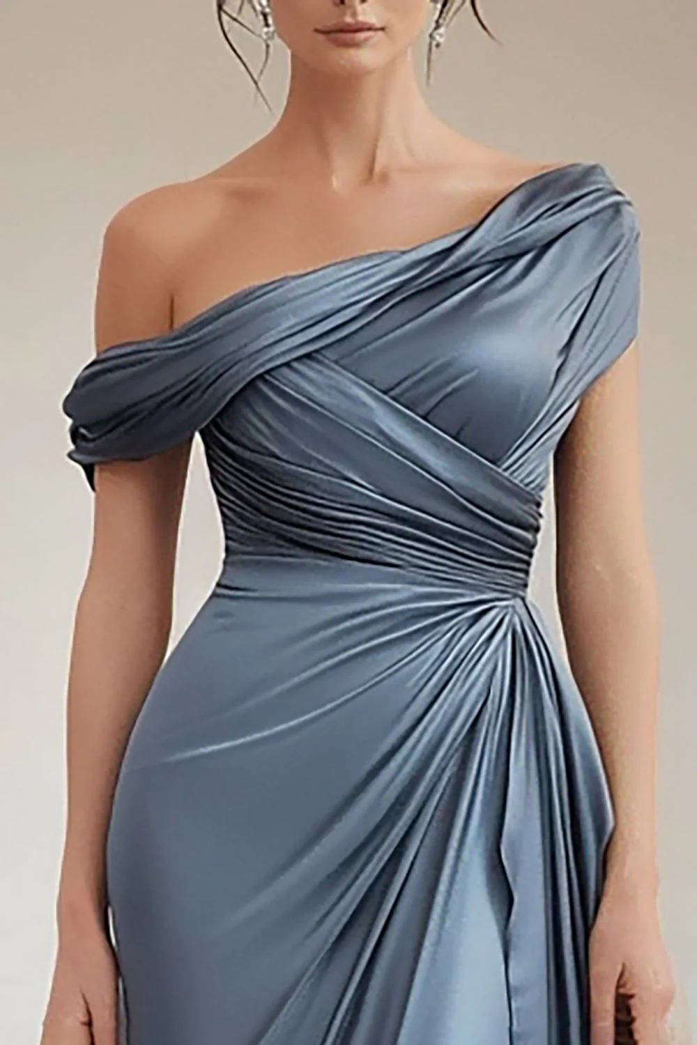 Robe formelle froncée en satin gris bleu sirène à une épaule avec volants - Image 8