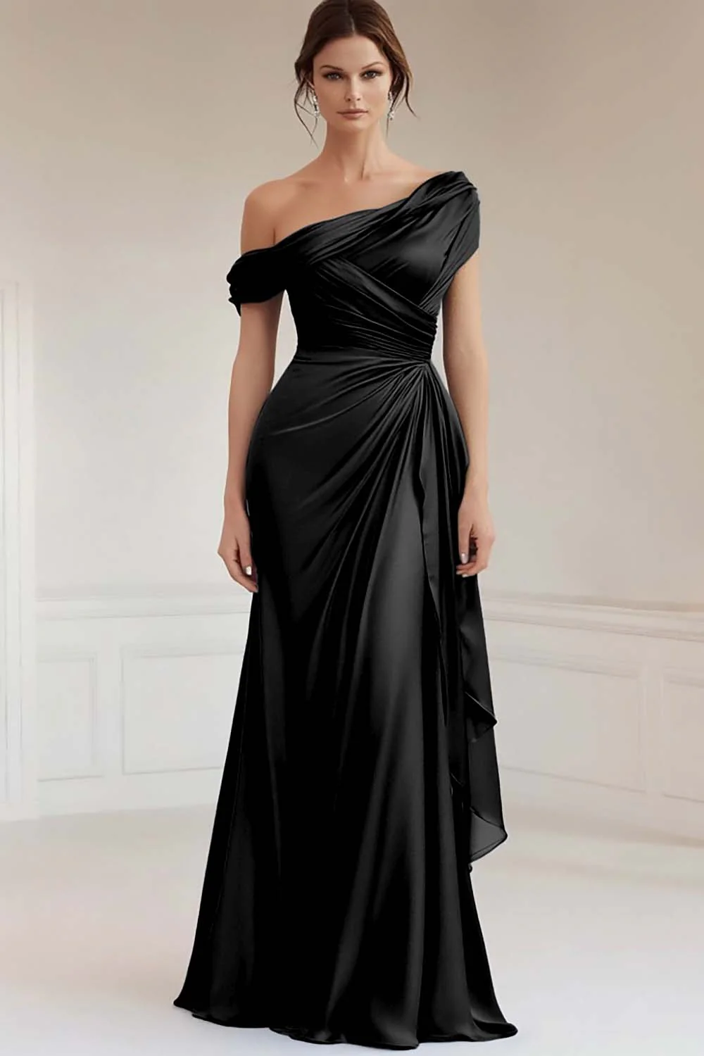Robe formelle froncée en satin gris bleu sirène à une épaule avec volants - Image 9