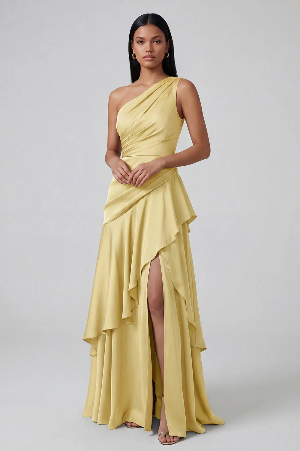 Robe formelle jaune à volants A Line, une épaule longue