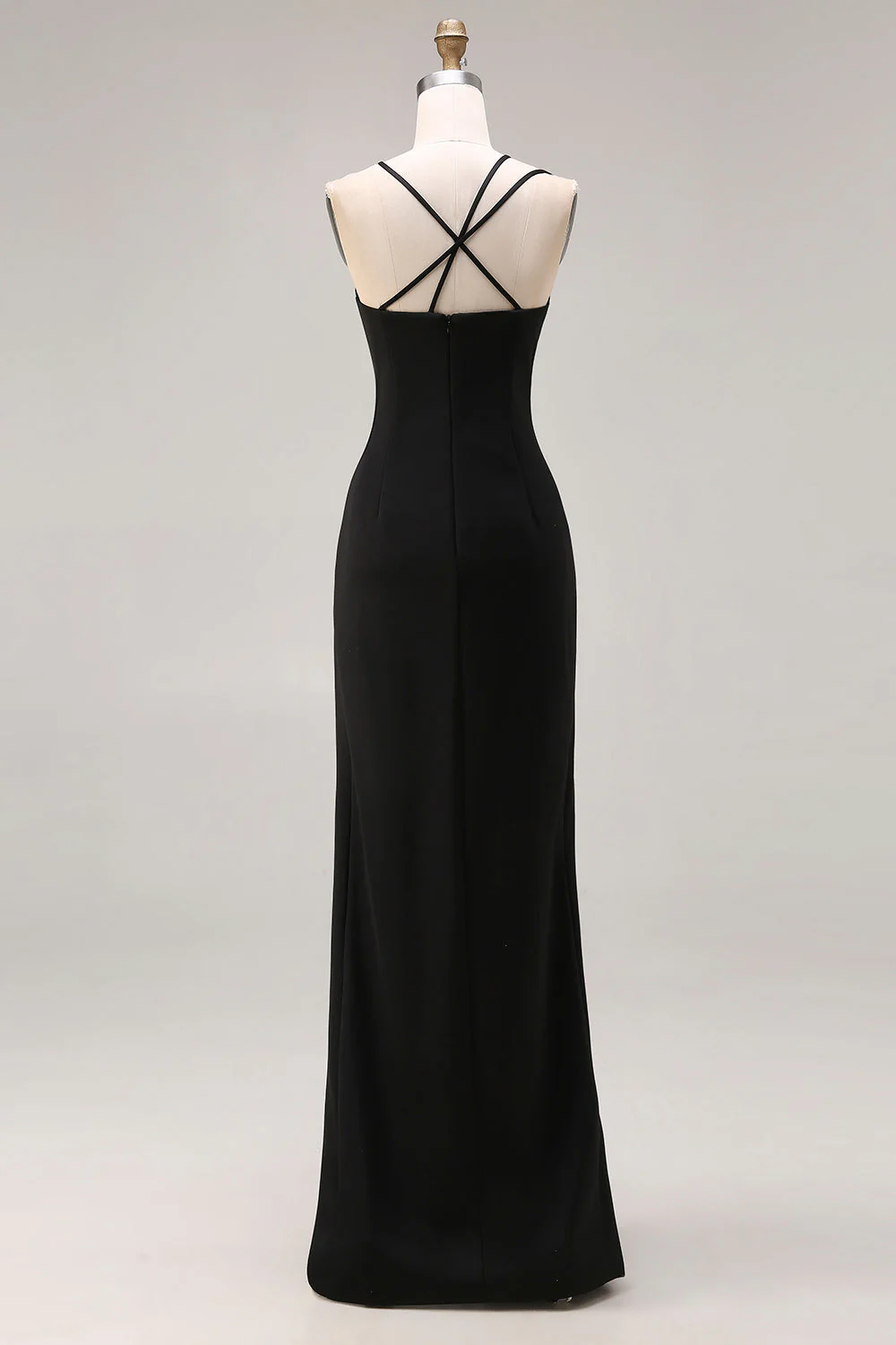 Robe formelle longue à bretelles fines en satin à fourreau noir avec fente - Image 2