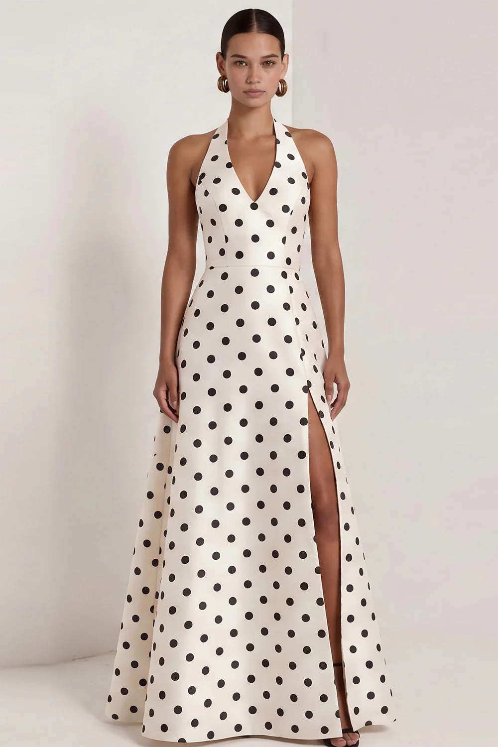 Robe formelle longue à fil satiné noir à pois blancs à points blancs en satin A-Line - Image 2