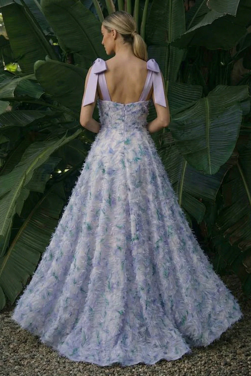Robe formelle longue à fleurs A en ligne violet clair avec nœuds - Image 2