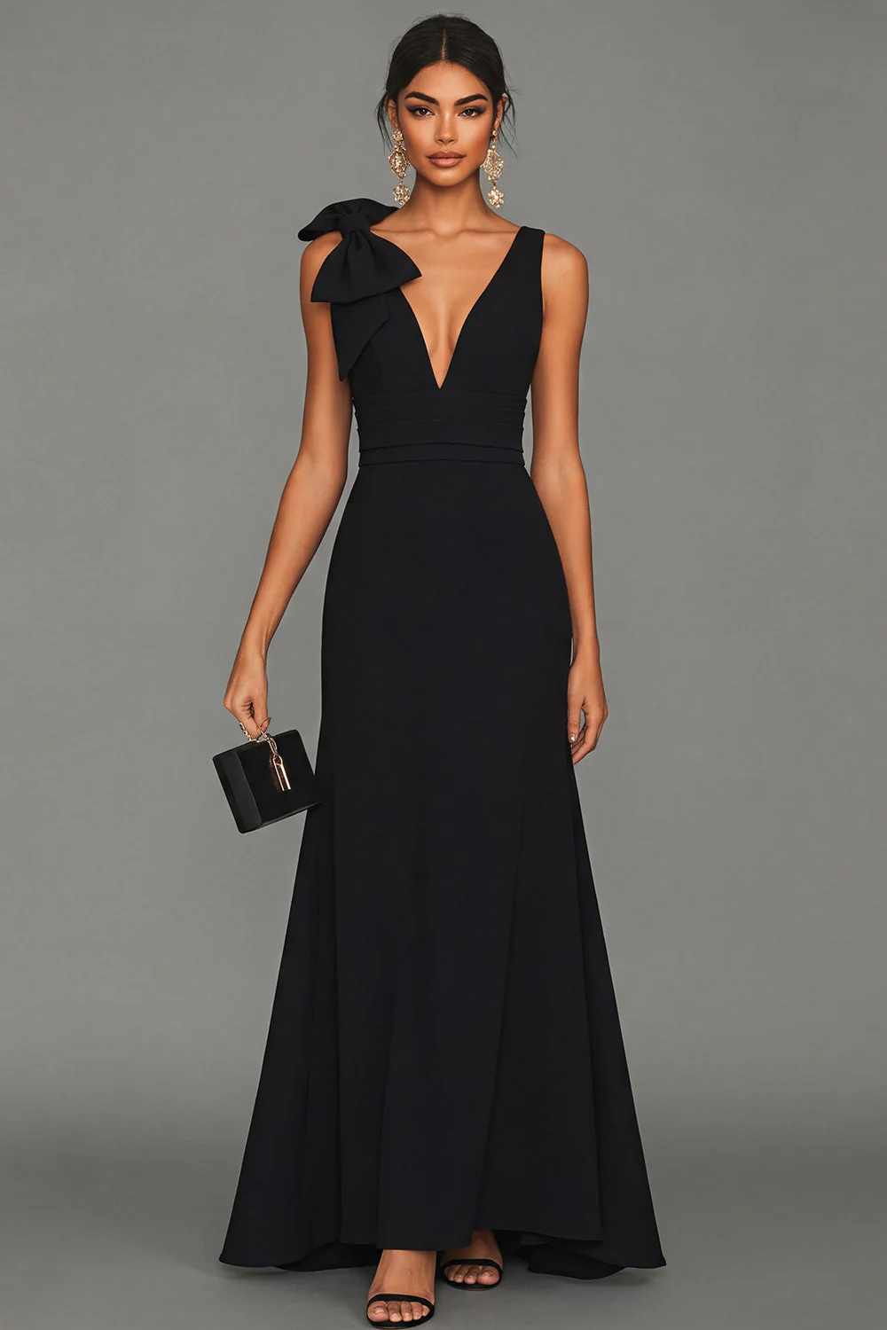 Robe formelle longue à fourreau noir à col en V avec nœud