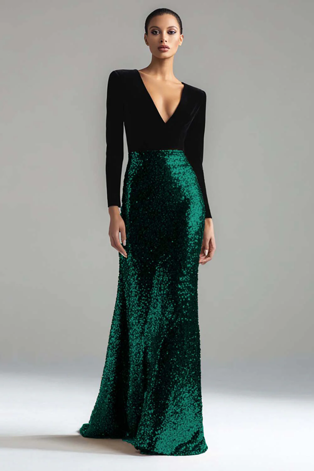 Robe formelle longue à manches dorée dorée et noire à col en V scintillant - Image 10