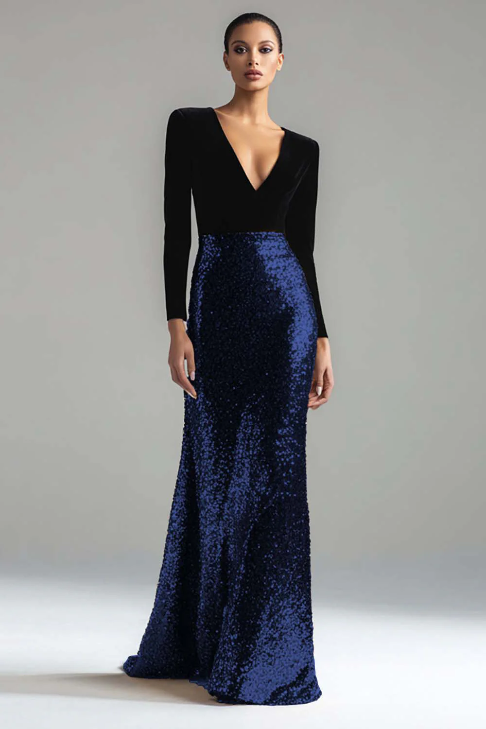 Robe formelle longue à manches dorée dorée et noire à col en V scintillant - Image 11