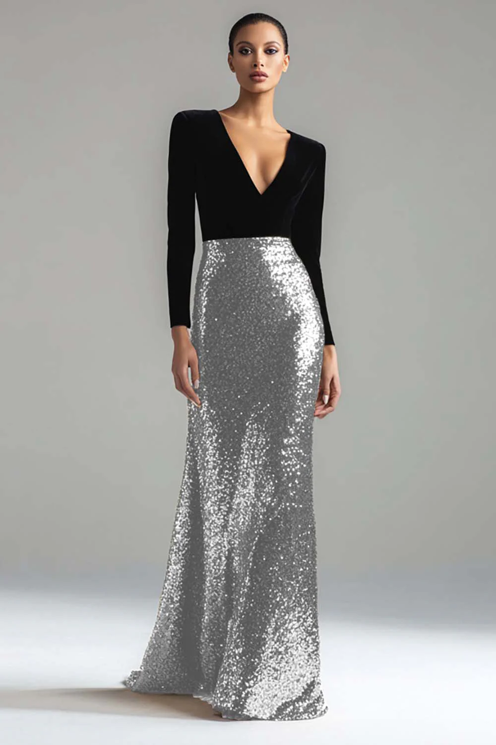 Robe formelle longue à manches dorée dorée et noire à col en V scintillant - Image 12