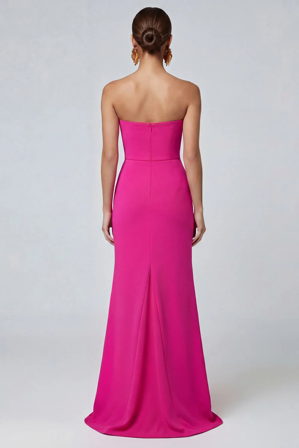 Robe formelle longue à motif sirène sans bretelles et froncée en blocs de couleur fuchsia et rouge - Image 2