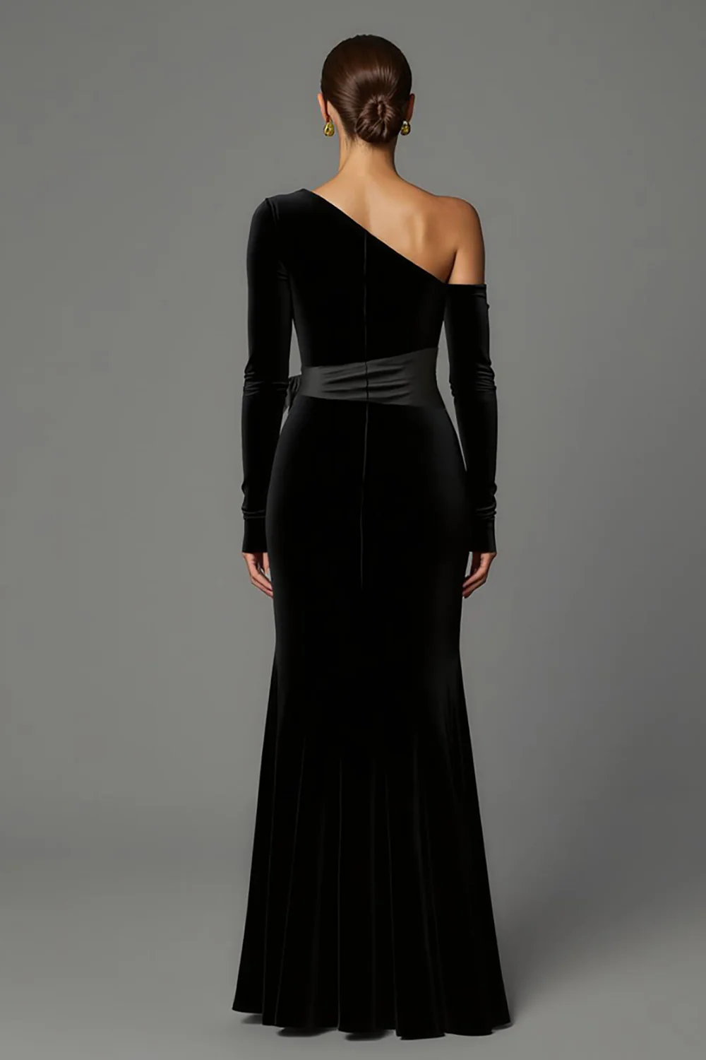 Robe formelle longue à une épaule en velours noir avec noeud - Image 2