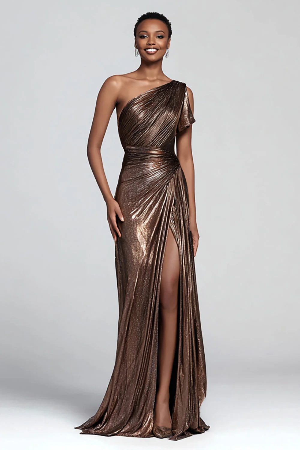 Robe formelle longue à une épaule fourreau métallisé marron