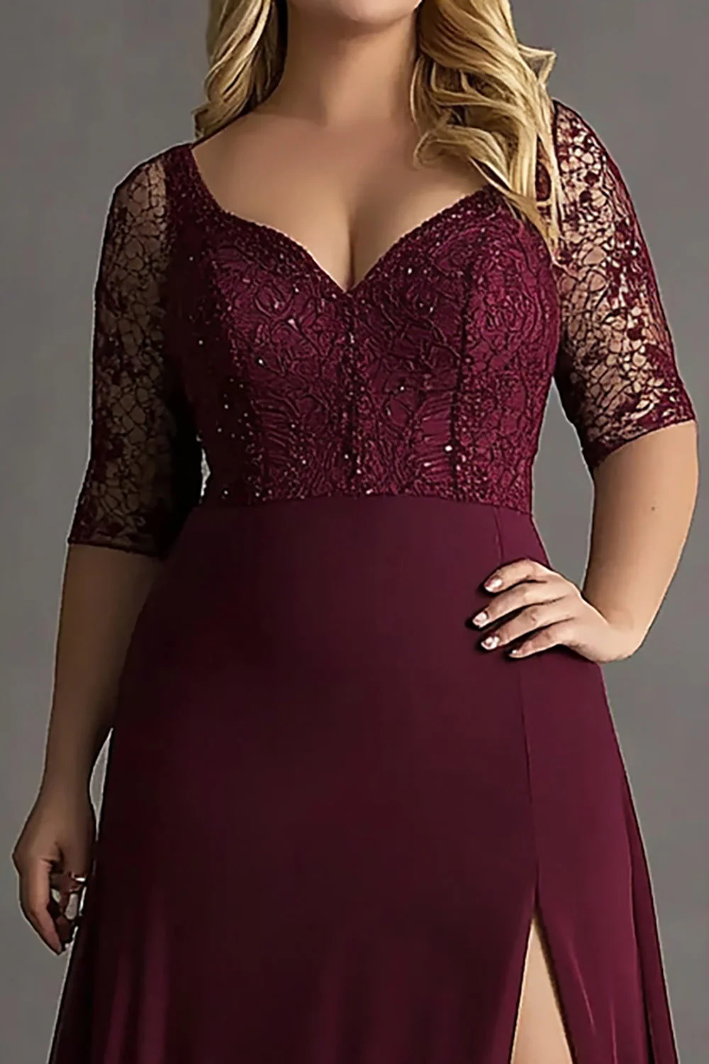 Robe formelle longue en dentelle demi-manches bordeaux grande taille avec fente - Image 2