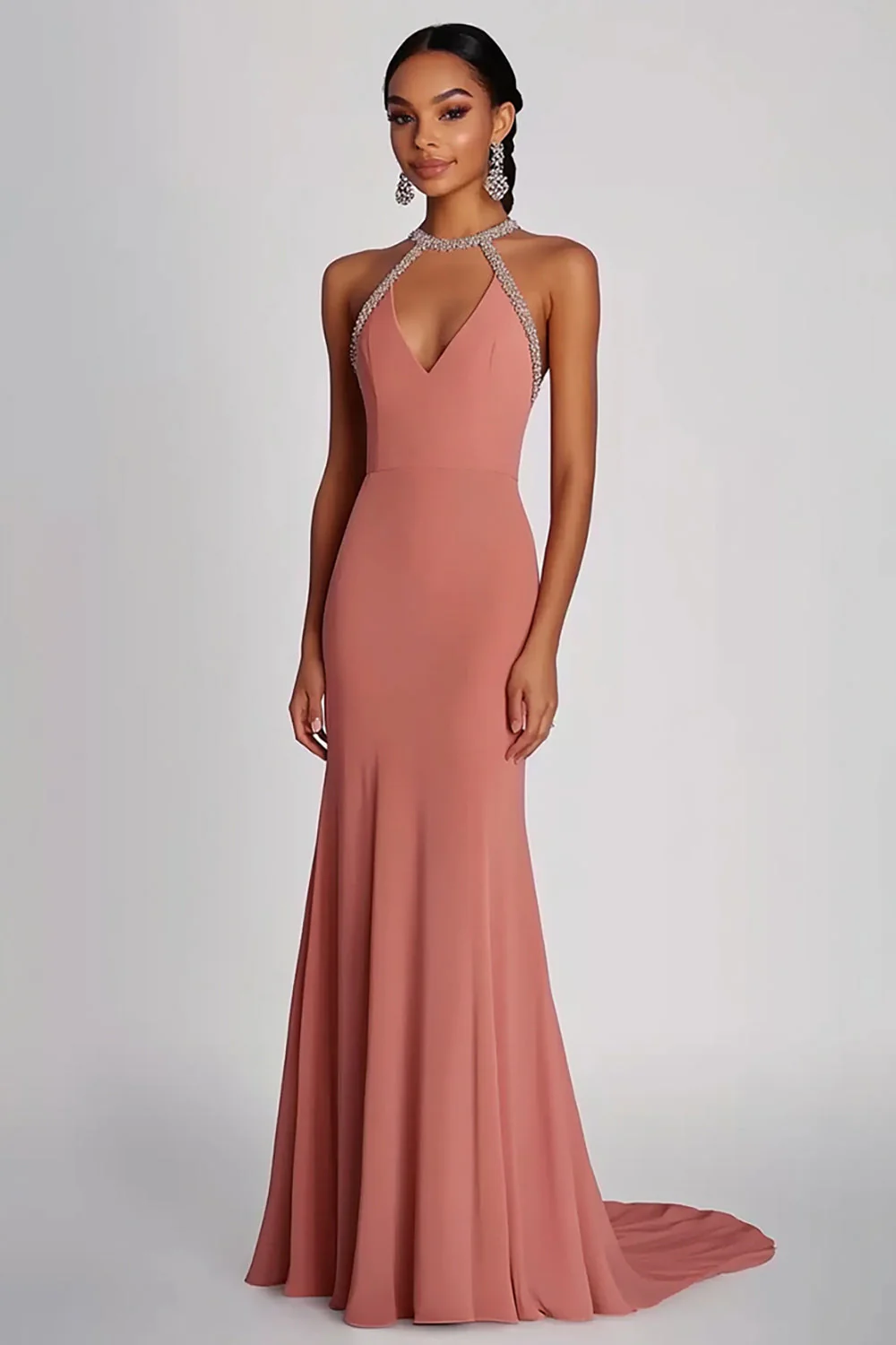 Robe formelle longue en mousseline de soie perlée rose