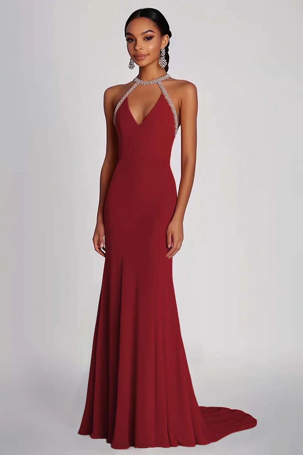 Robe formelle longue en mousseline de soie perlée rose - Image 4