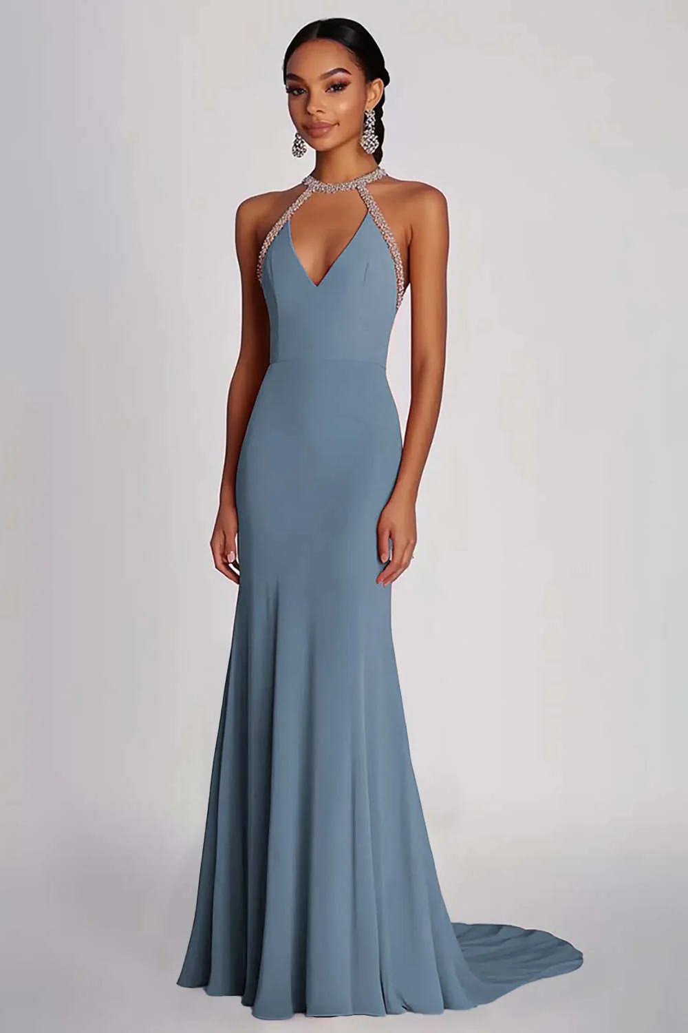 Robe formelle longue en mousseline de soie perlée rose - Image 7