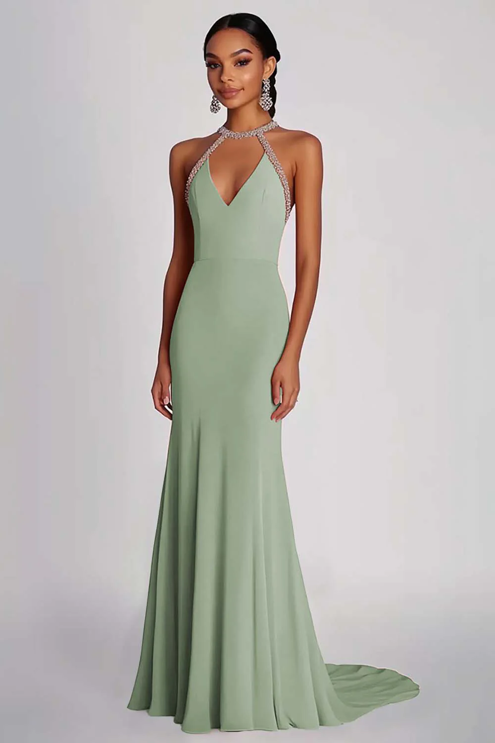 Robe formelle longue en mousseline de soie perlée rose - Image 8