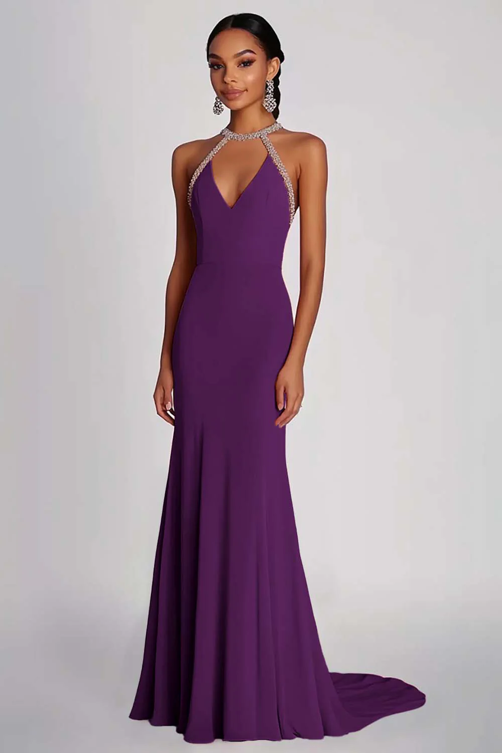 Robe formelle longue en mousseline de soie perlée rose - Image 9