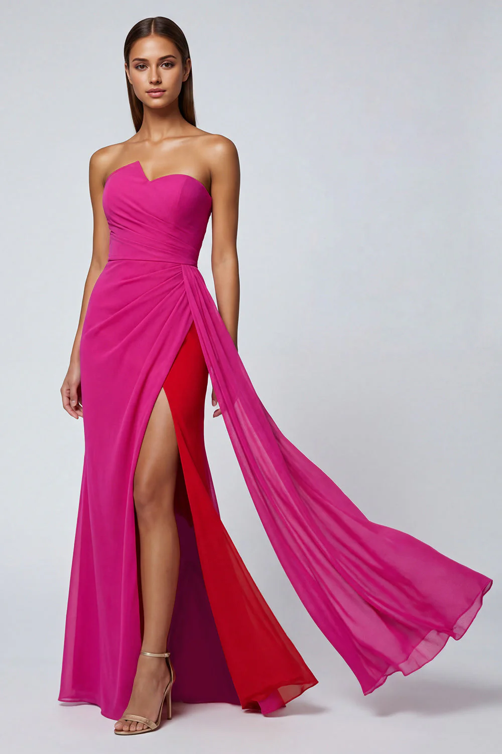 Robe formelle longue en tulle sirène sans bretelles Fuchsia avec écharpe