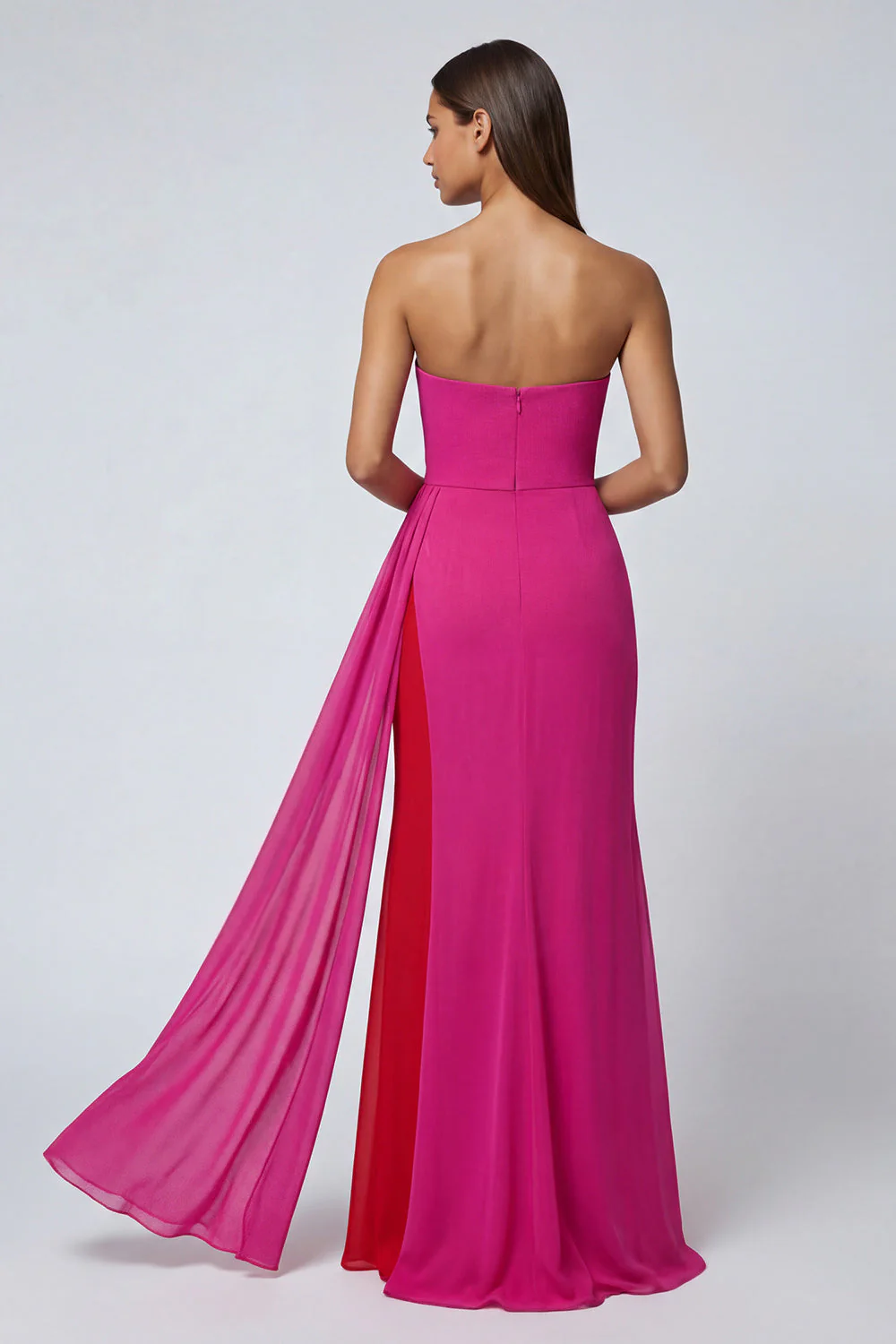 Robe formelle longue en tulle sirène sans bretelles Fuchsia avec écharpe - Image 2