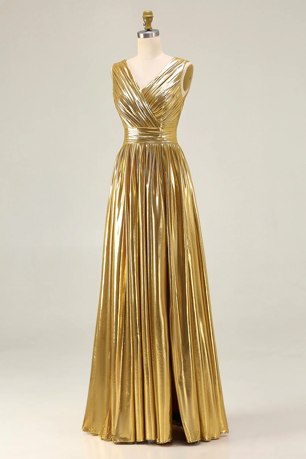 Robe formelle longue en V en or métallique à col en V avec fente - Image 5
