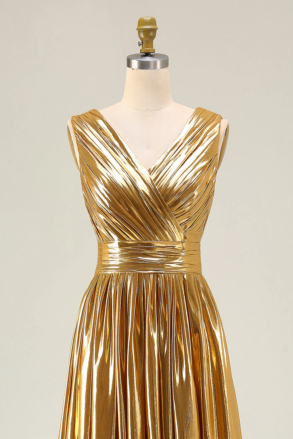 Robe formelle longue en V en or métallique à col en V avec fente - Image 6