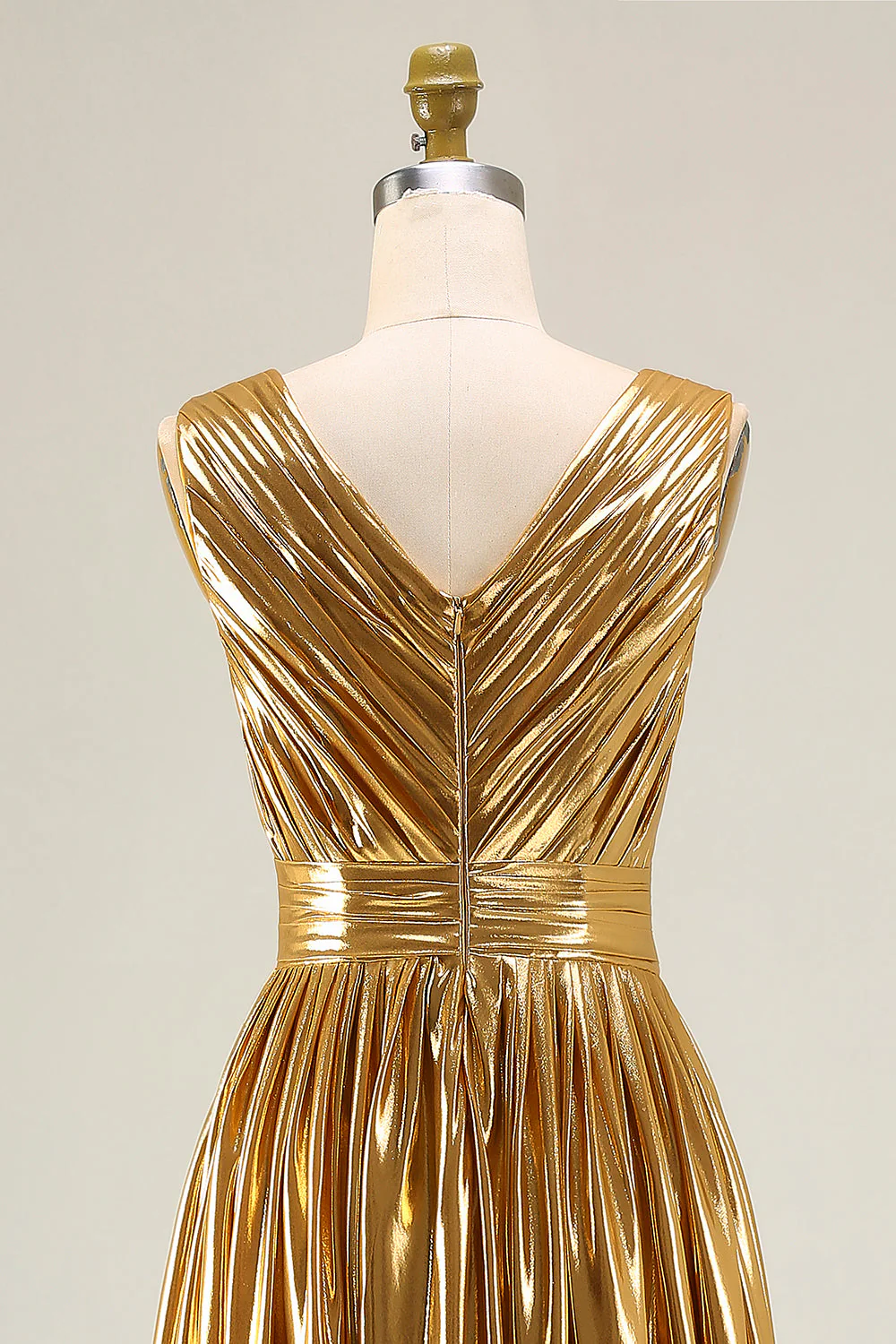Robe formelle longue en V en or métallique à col en V avec fente - Image 7