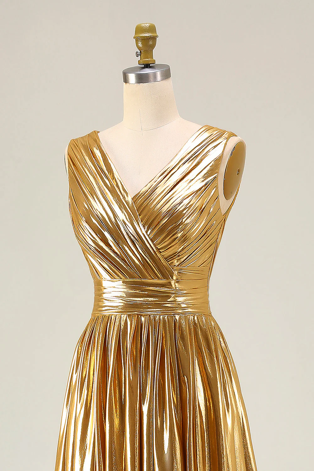 Robe formelle longue en V en or métallique à col en V avec fente - Image 8