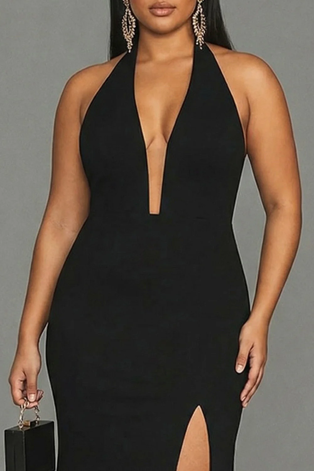 Robe formelle longue grande taille en satin satin noire avec fente - Image 3