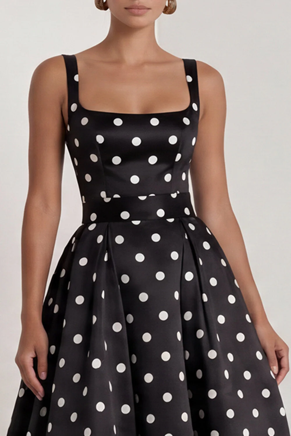 Robe formelle longue longue avec un nœud à pois noirs en satin en satin blanc à pois carré - Image 5