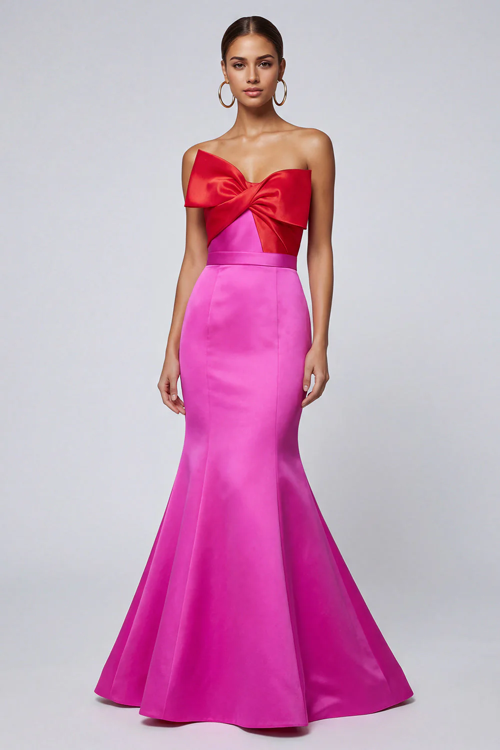 Robe formelle longue sans bretelles en fuchsia et sirène rouge avec nœud