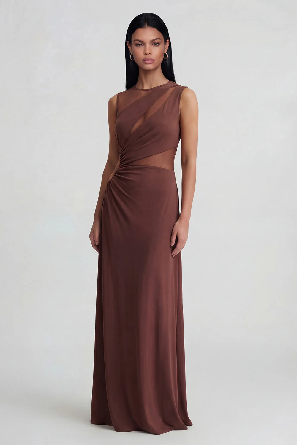 Robe formelle marron à col rond découpée à découpe illusion