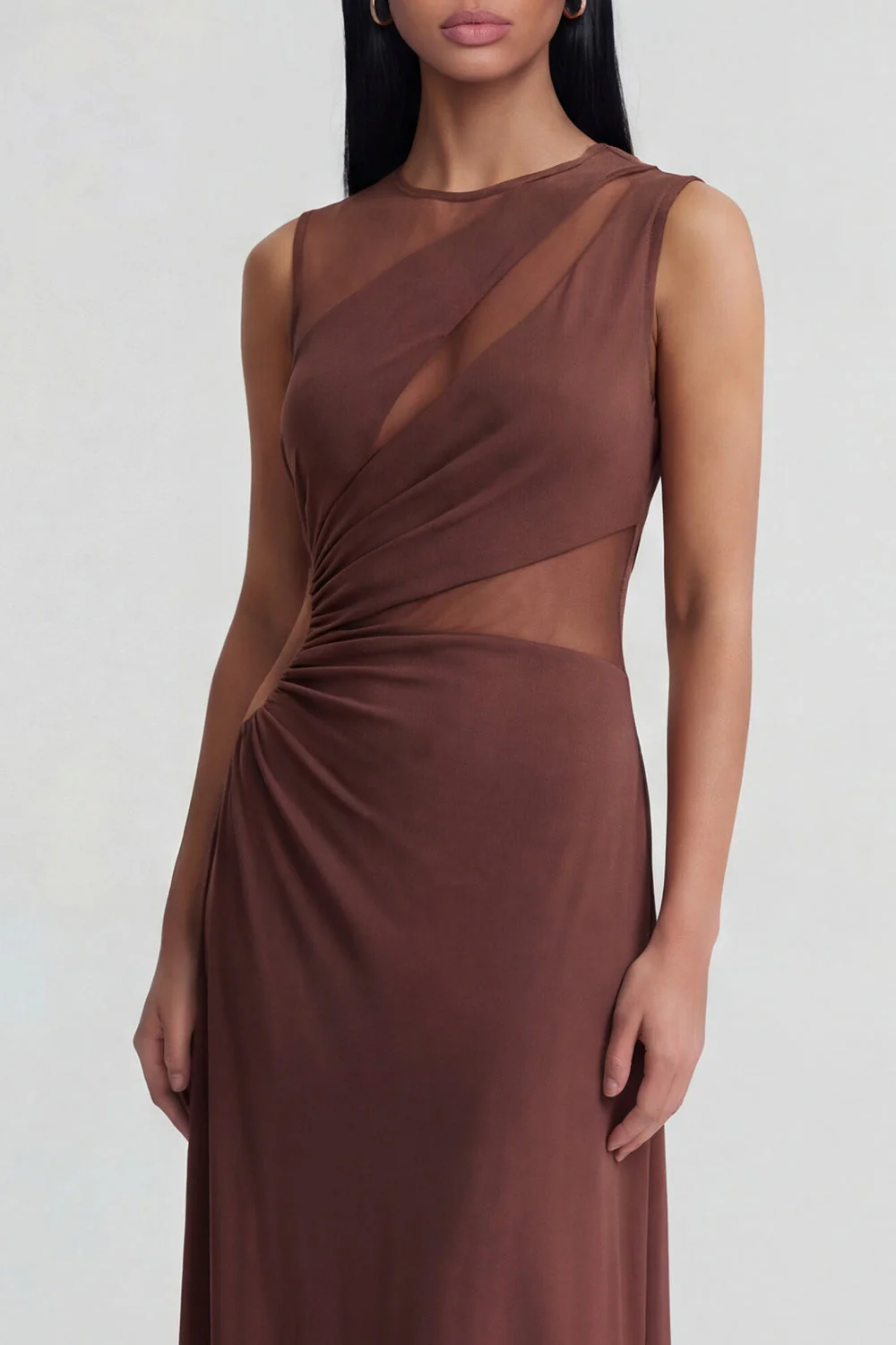 Robe formelle marron à col rond découpée à découpe illusion - Image 3