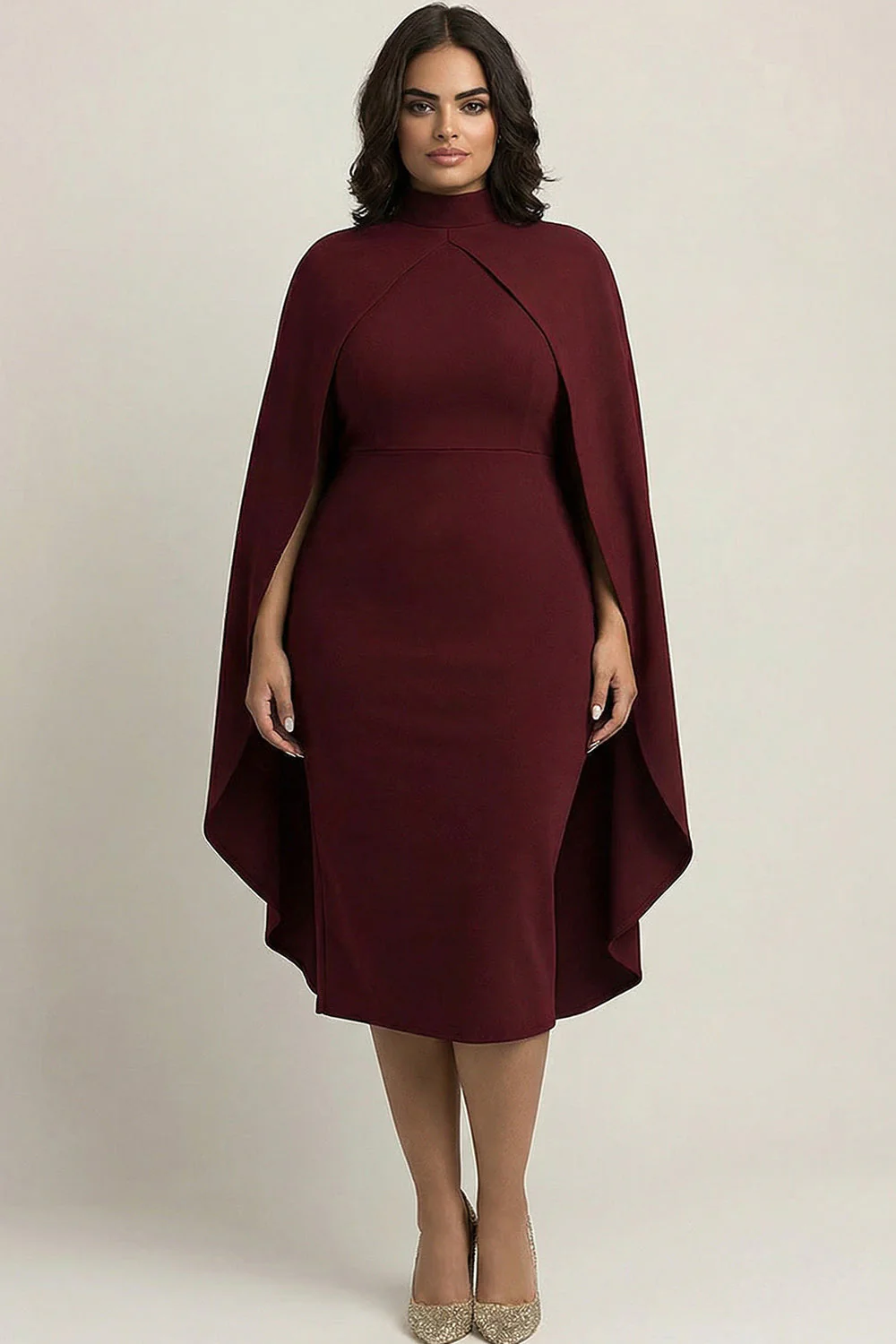 Robe de cérémonie midi fourreau grande taille bordeaux avec cape