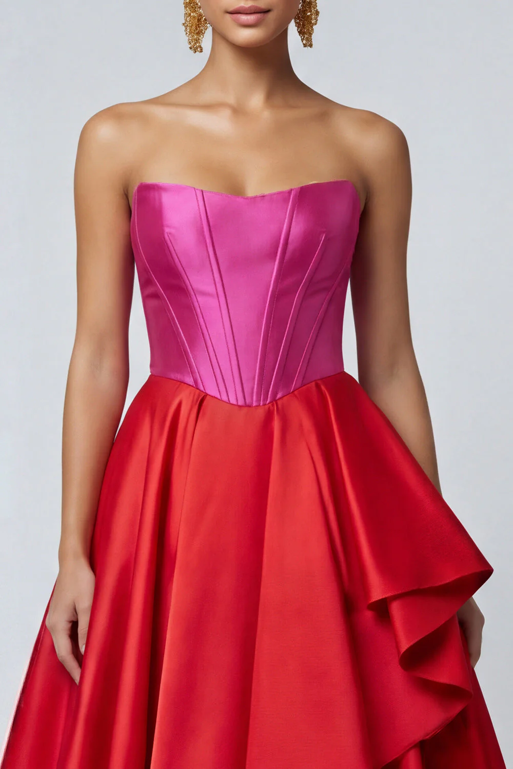 Robe formelle Midi à volants sans bretelles en fuchsia et rouge Corset A Line - Image 3