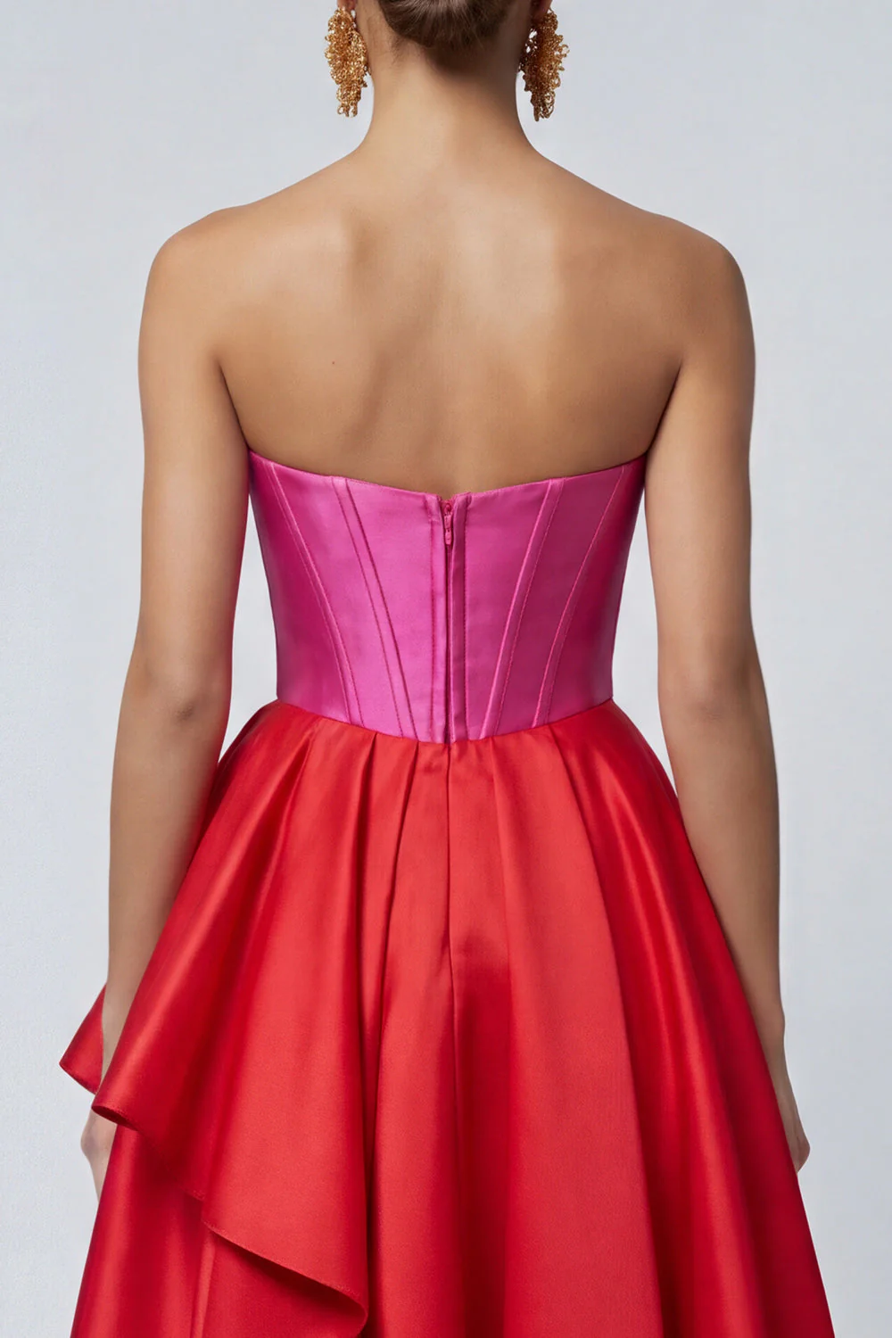 Robe formelle Midi à volants sans bretelles en fuchsia et rouge Corset A Line - Image 4