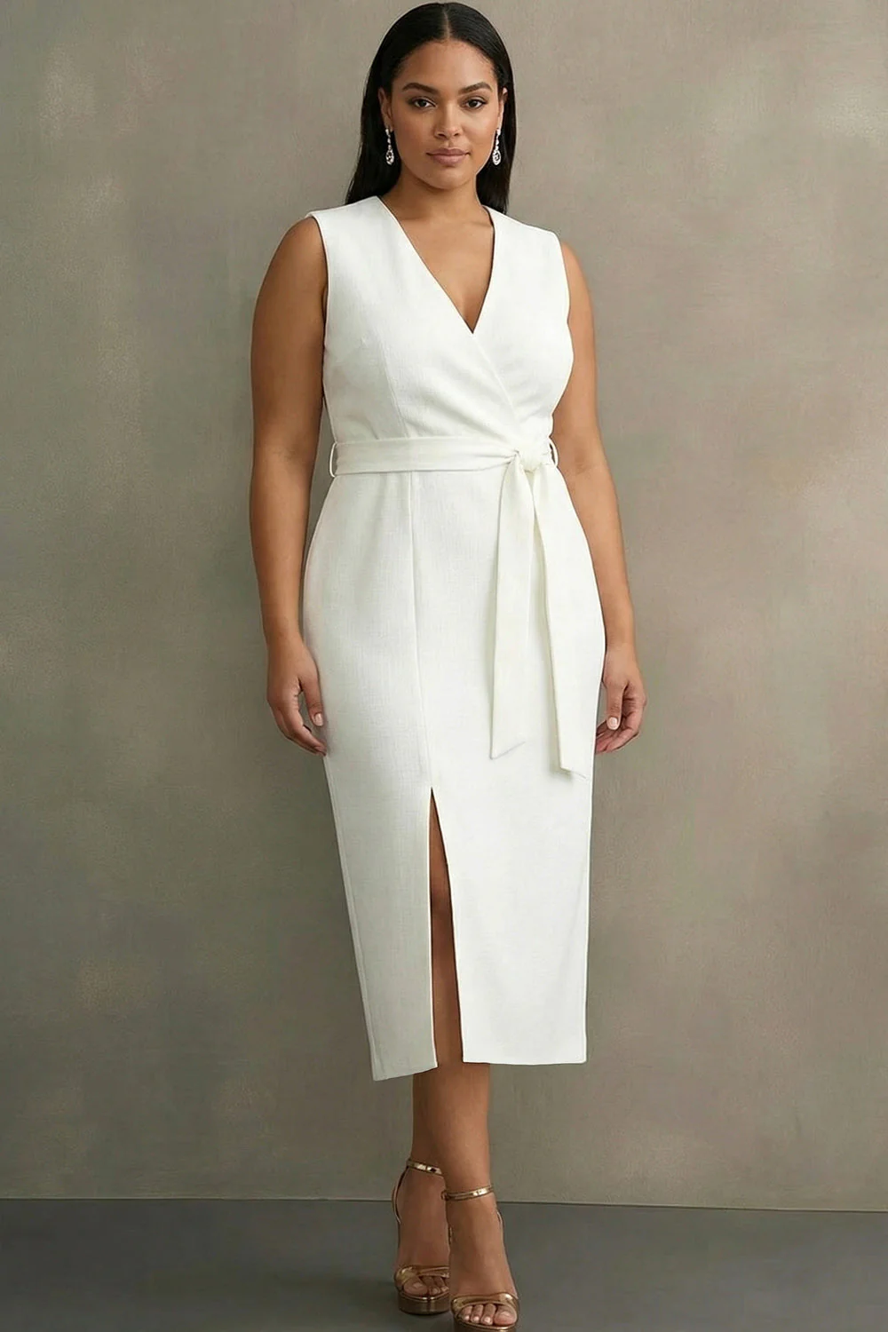 Robe formelle midi blanche blanche en satin à col en V grande taille avec ceinture