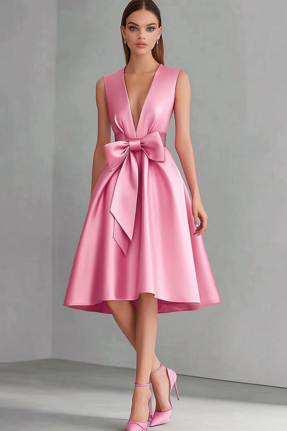 Robe formelle midi en satin rose à col en V avec nœud