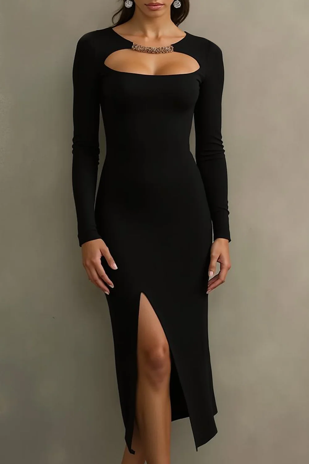 Robe formelle midi fourreau noir à manches longues - Image 2