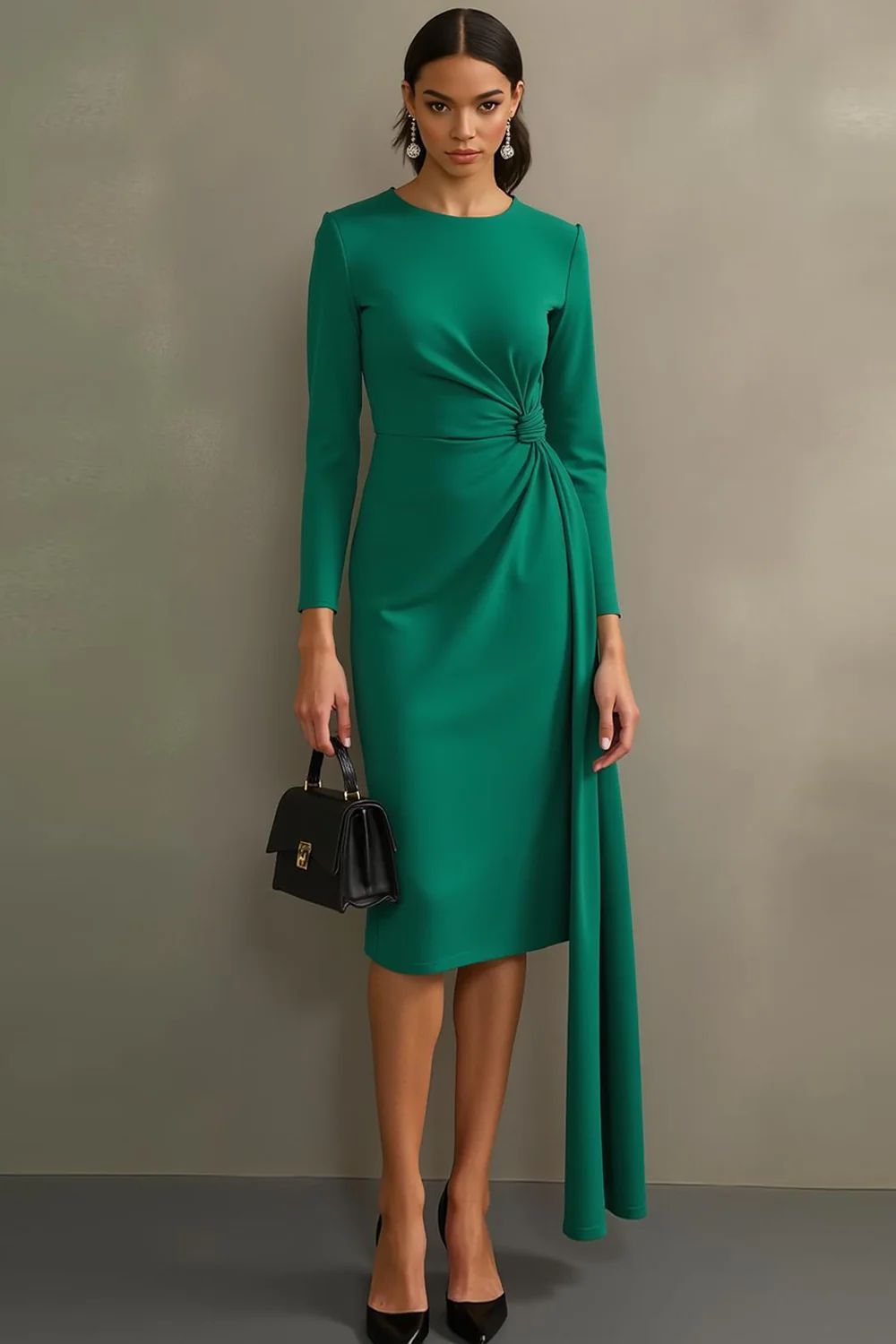 Robe formelle midi fourreau vert foncé à manches longues