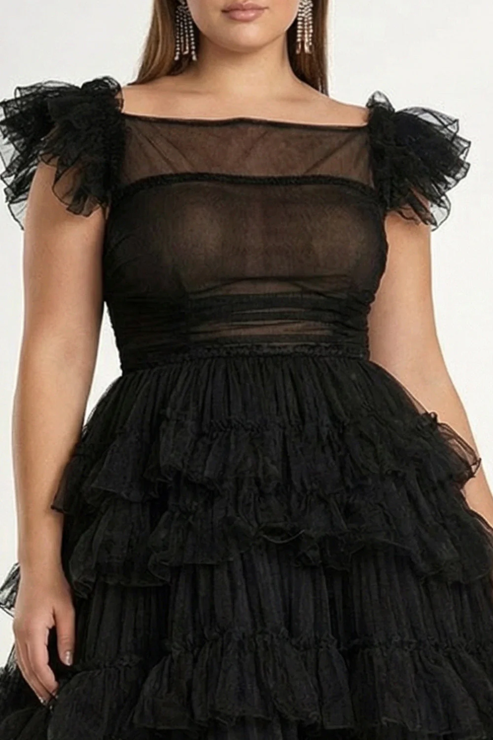 Robe formelle midi grande taille en tulle noire ligne A plus plate - Image 3