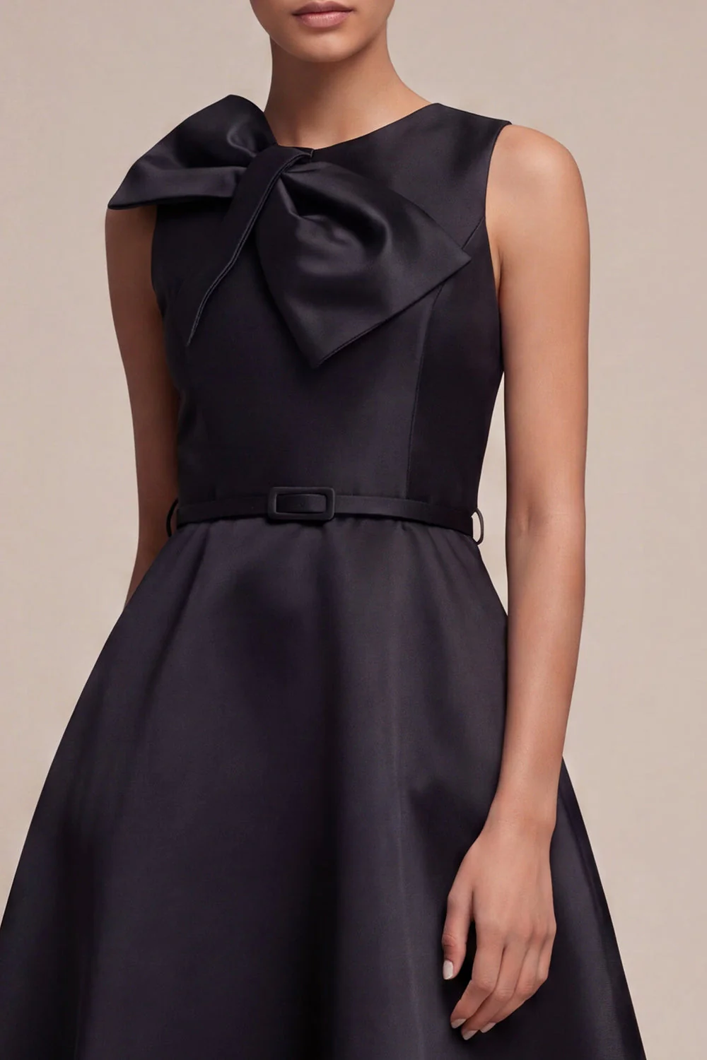 Robe formelle Midi noire à col rond avec un nœud - Image 3