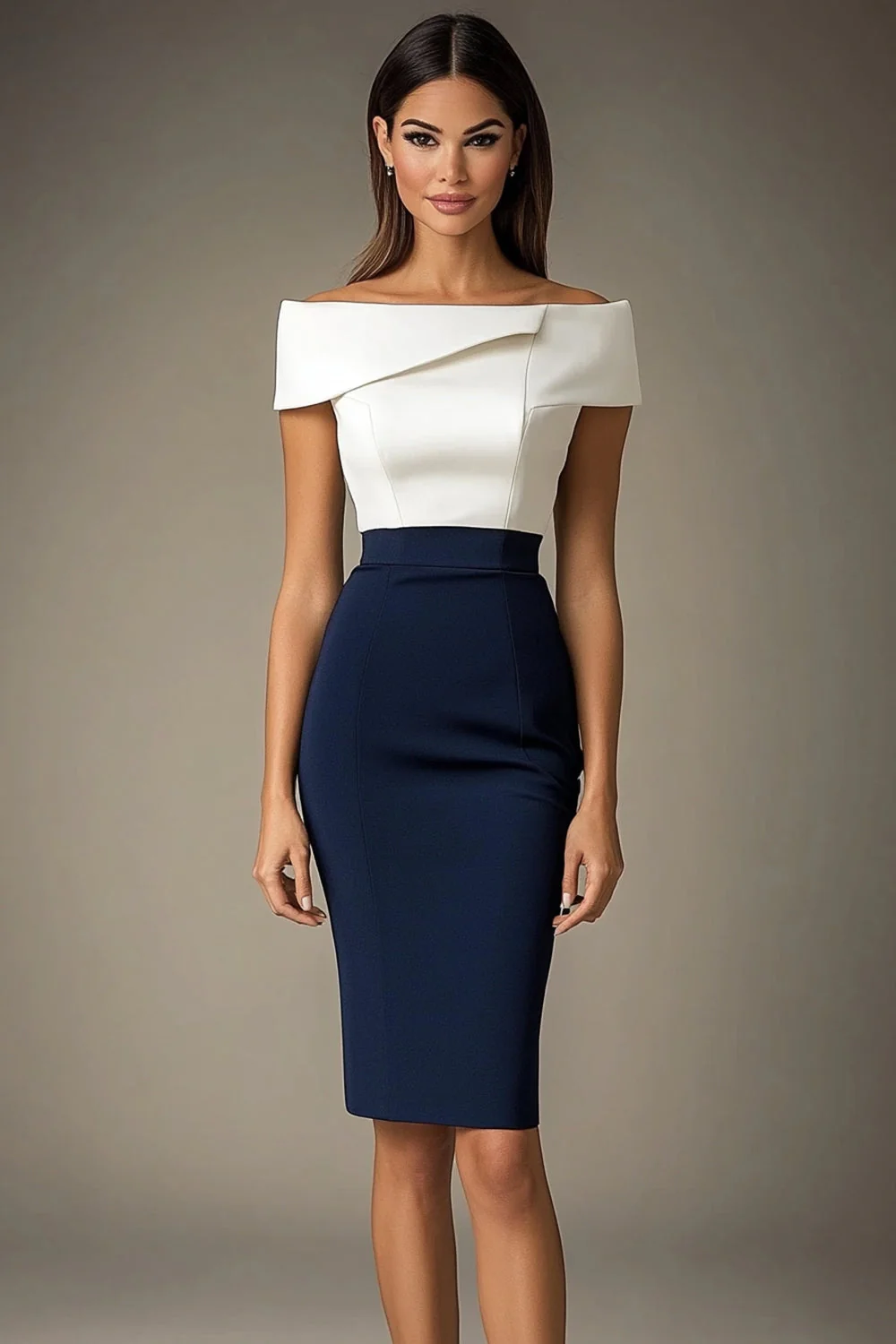 Robe formelle moulante à épaules dénudées blanche et bleu marine