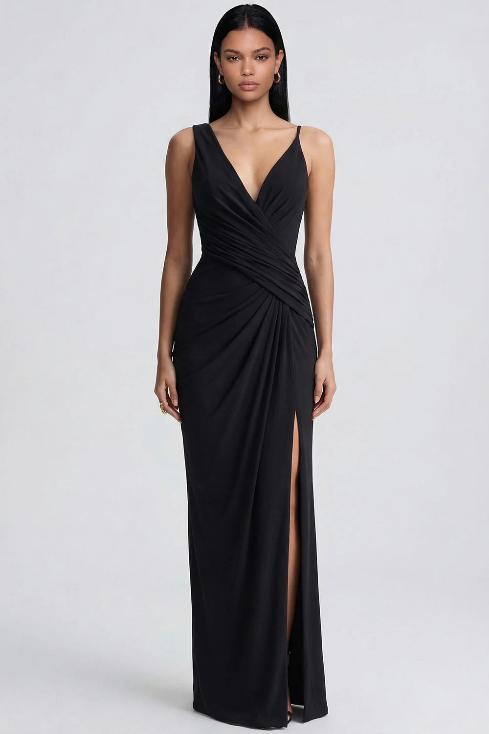 Robe formelle noire à col en V avec fente