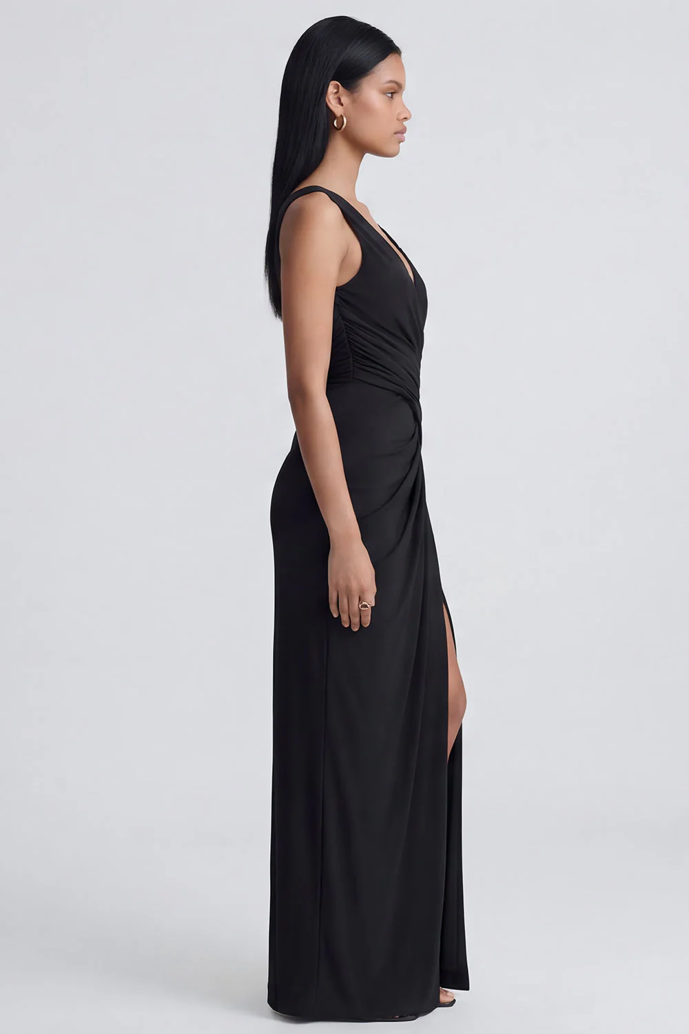 Robe formelle noire à col en V avec fente - Image 3