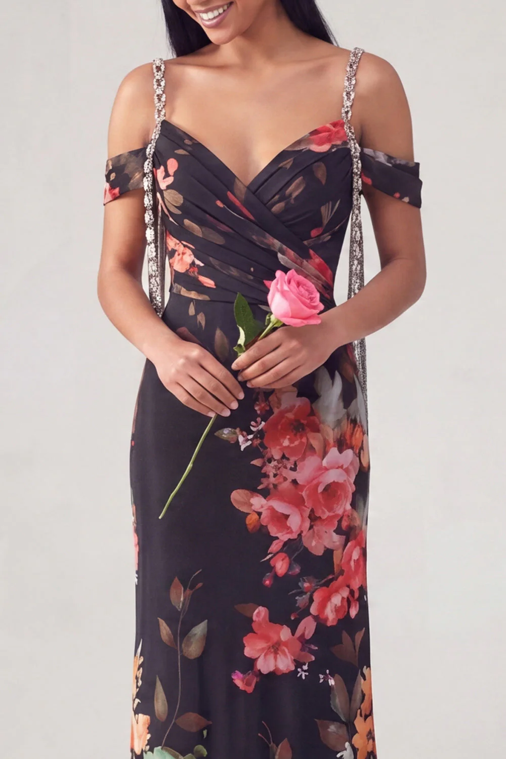 Robe formelle noire à épaules froides florales en forme de sirène à épaules froides - Image 3