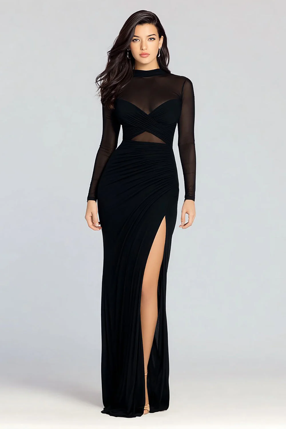 Robe formelle noire à fourreau à col montant à manches longues avec fente