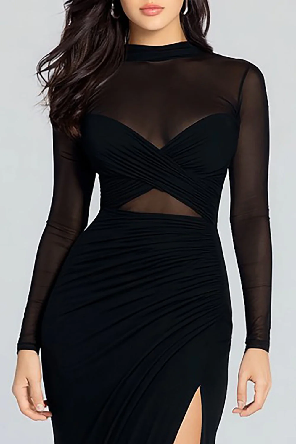 Robe formelle noire à fourreau à col montant à manches longues avec fente - Image 3