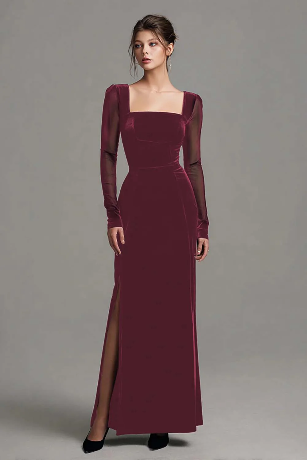 Robe formelle noire en velours à longues fentes avec manches longues - Image 6